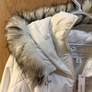 Susan Graver Off-White Puffer Coat with Faux Fur Trim